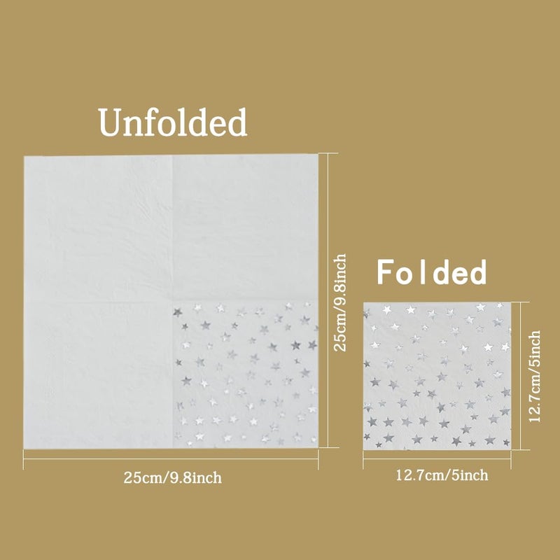 VORMOR Silver Star Cocktail Napkins 100 Counts 2-Ply 5'' White and Silver Disposable Paper NapkinsPerfect for Birthday Party Supplies Wedding Bridal Shower Baby Shower Valentine's Day+? - Image 2